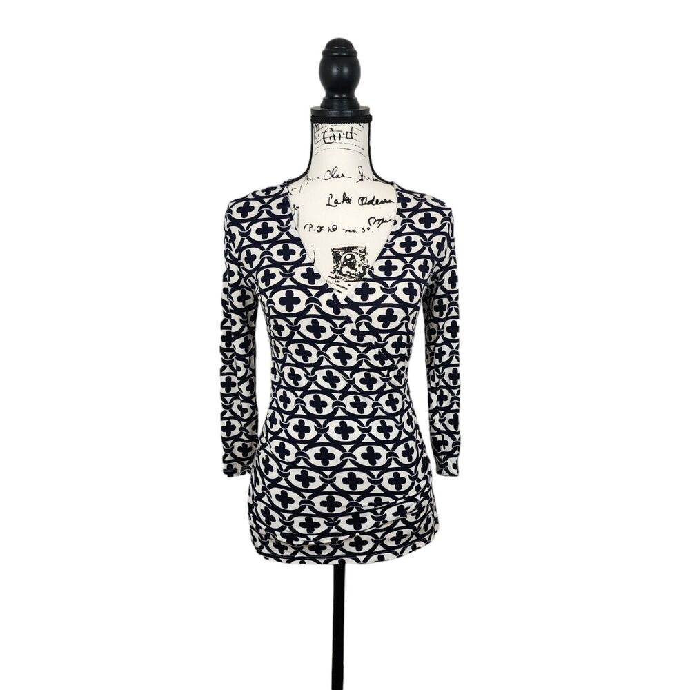 Boden Navy and White Geometric Long Sleeve Top